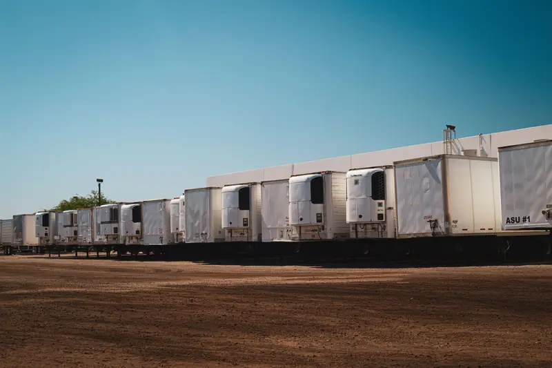 A long row of refrigerated trailers parked in a yard