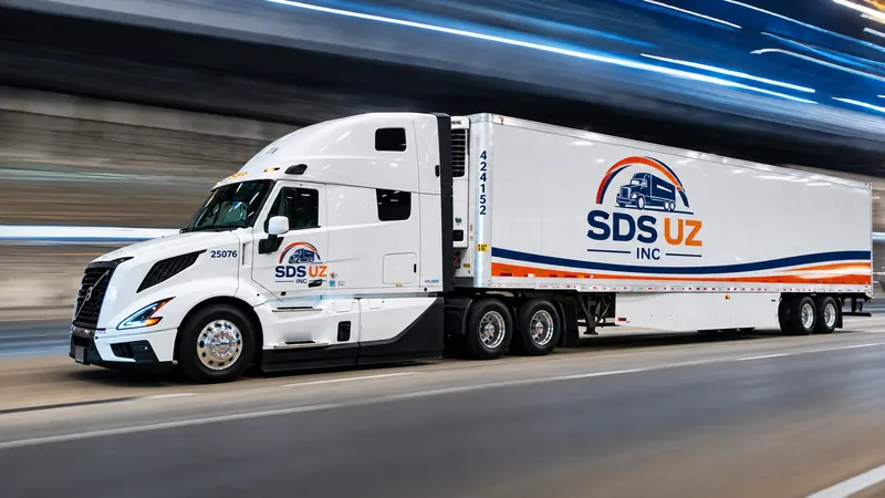 A white SDS UZ semi-truck and branded trailer moving at speed on a highway