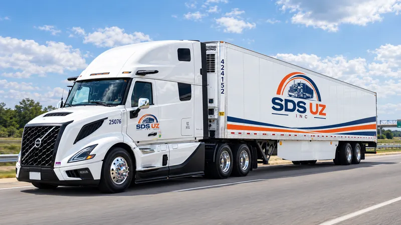 A white SDS UZ semi-truck and branded trailer on a highway under a blue sky